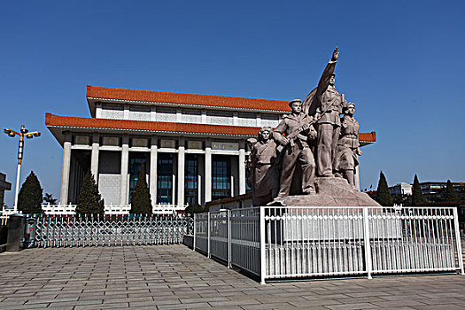 毛主席纪念堂,中国,北京,天安门,广场五星红旗,华表,全景,地标,传统,蓝天