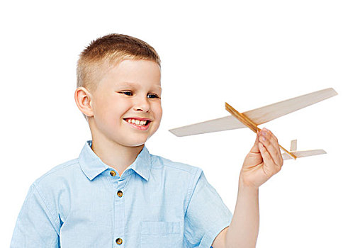 梦,未来,爱好,孩子,概念,微笑,小男孩,拿着,木质,飞机,模型,表针