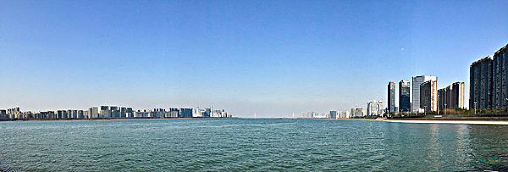 从钱塘江江中看杭州城市全景