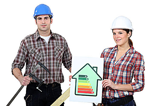 建筑工人,拿着,能量,效率,评定,图表,夹子