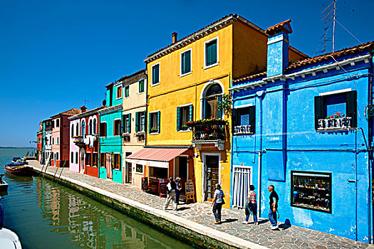彩色,连栋房屋,运河,布拉诺岛,威尼斯,威尼托,意大利