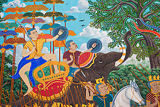 柬埔寨,金边,墙壁,壁画,博物馆,白色,大象