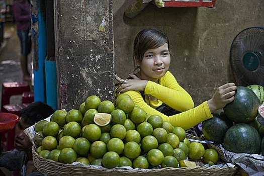 女人,销售,绿色,柑橘,市场,收获,柬埔寨