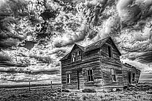 黑白图片,老,农场,户外,萨斯喀彻温,加拿大