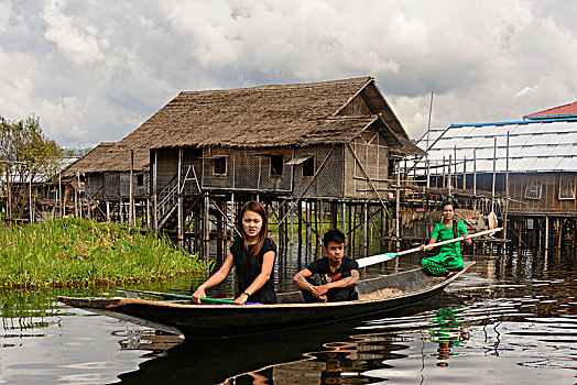 房子,船,孩子,茵莱湖,掸邦,缅甸