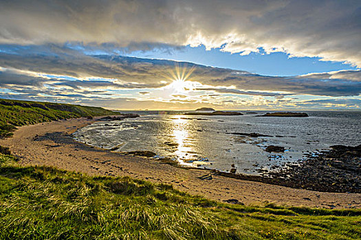太阳,发光,俯视,湾,沙滩,日落,北方,福斯河,苏格兰,英国