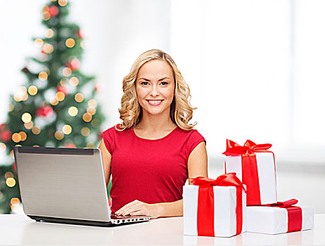 圣诞节,圣诞,网上购物,概念,女人,礼盒,笔记本电脑