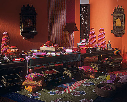 低,桌子,地面,垫子,传统,摩洛哥,就餐,室内
