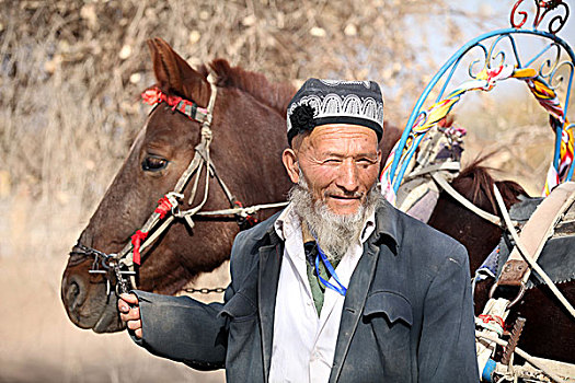 新疆,老人,维吾尔族,胡子,礼帽,街头,车夫,马车