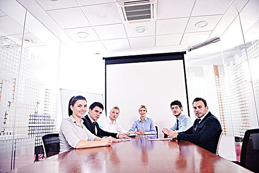 团队,高兴,年轻,商务人士,会面,办公室