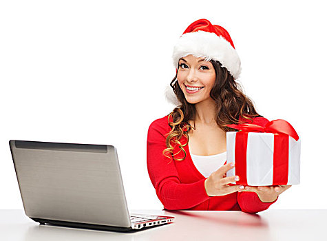 圣诞节,圣诞,网上购物,概念,女人,圣诞老人,帽子,礼盒,笔记本电脑