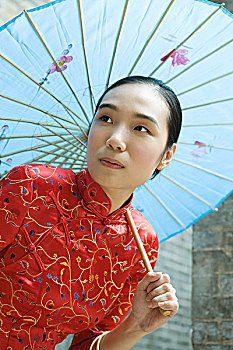 美女,衣服,传统,中国人,拿着,伞,上方,头部