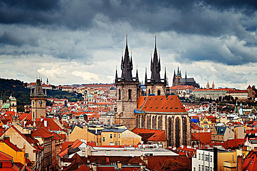 圣母大教堂,布拉格,天际线,屋顶,风景,捷克共和国