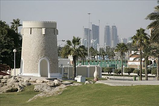 卡塔尔,多哈,历史,要塞,塔,公园,背景,高层建筑,工地
