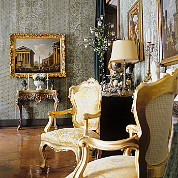 洛可可风格,椅子,镀金,框,图片,悬挂,高处,墙壁,桌子,邸宅