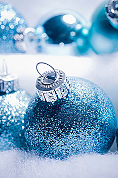 局部,蓝色,闪光,圣诞节饰物,套装,假的,雪