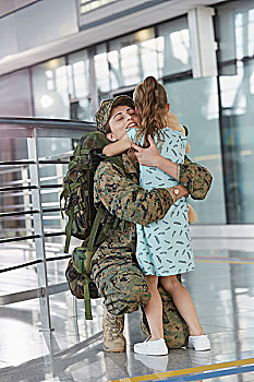 女儿,问候,搂抱,军人,母亲,机场