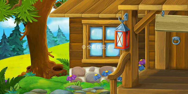 cartoon background of an old houses - village in the meadow