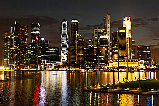 新加坡,水岸,天际线,夜晚,滨海休闲区