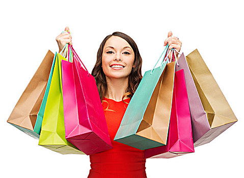 购物,销售,礼物,圣诞节,圣诞,概念,微笑,女人,红裙,彩色,购物袋