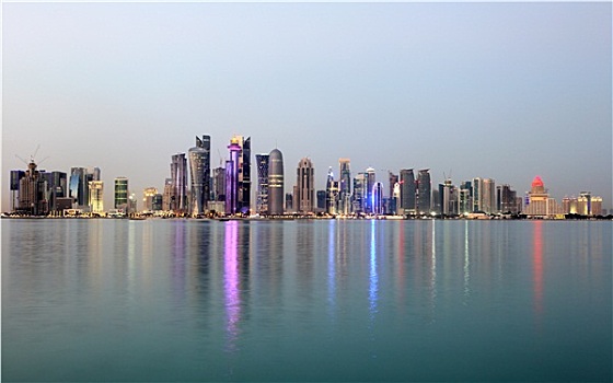多哈,市区,天际线,黄昏,卡塔尔,中东