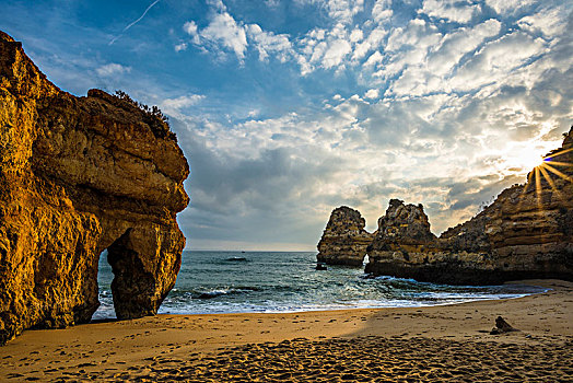 岩石海岸,海滩,红岩,拉各斯,阿尔加维,葡萄牙,欧洲