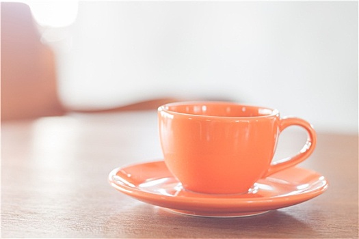 迷你,橙色,咖啡杯,木桌子