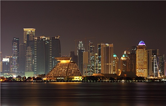 多哈,城市天际线,夜晚,卡塔尔,中东