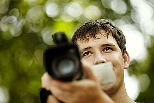 青少年,摄像机,捕获,聚焦,眼,自然光