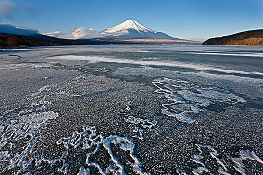 冰,湖,积雪,富士山,背景,日本