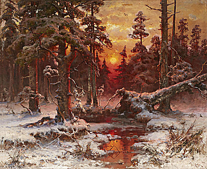 冬天,日落,松树,树林,1898年