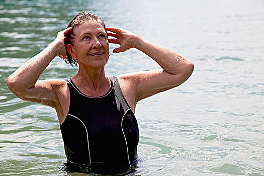 老年,女人,游泳,湿发