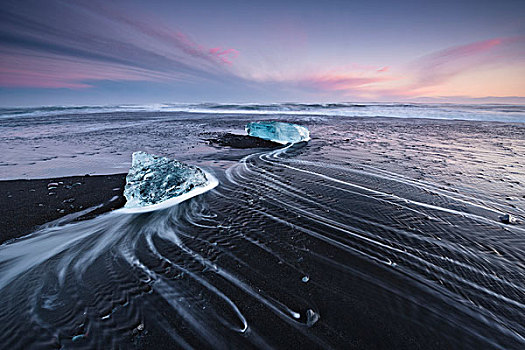 冰岛,海滩,冰,气氛,彩色,蓝色,水,泡沫,线条,建筑,天空,海洋