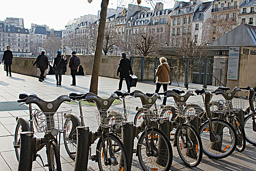 法国,巴黎,自行车,租赁,仰视,蓬皮杜,博物馆,二月