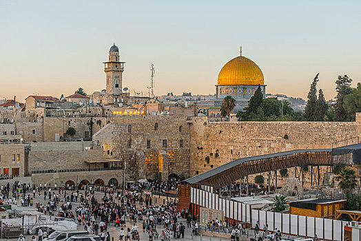 信徒,哭墙,黄昏,后面,穹顶,石头,老城,耶路撒冷,以色列,亚洲