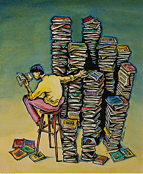 插画,男人,读书,靠近,堆积,书本