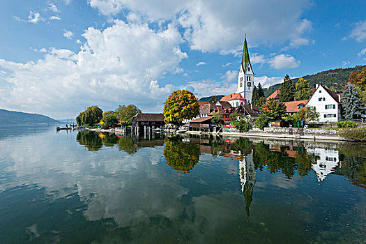 康士坦茨湖,岸边,教区教堂,巴登符腾堡,德国,欧洲
