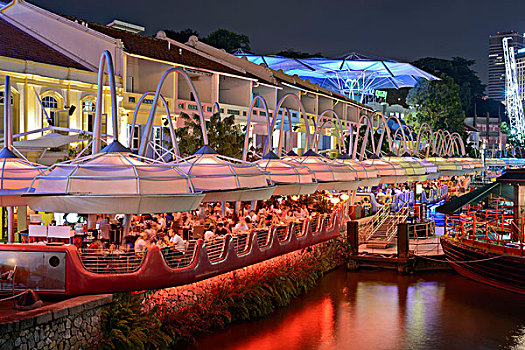 新加坡河,夜晚,彩色,餐馆,码头,聚会,区域,克拉码头,巨大,伞,遮盖,通道,新加坡,东南亚,亚洲