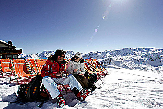 法国,阿尔卑斯山,滑雪,教练,女人,放松