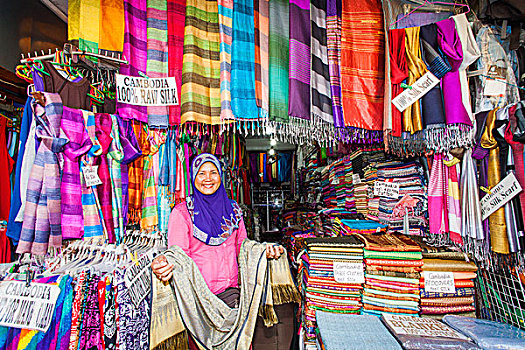 柬埔寨,收获,老,市场,女人,销售,丝绸,商品