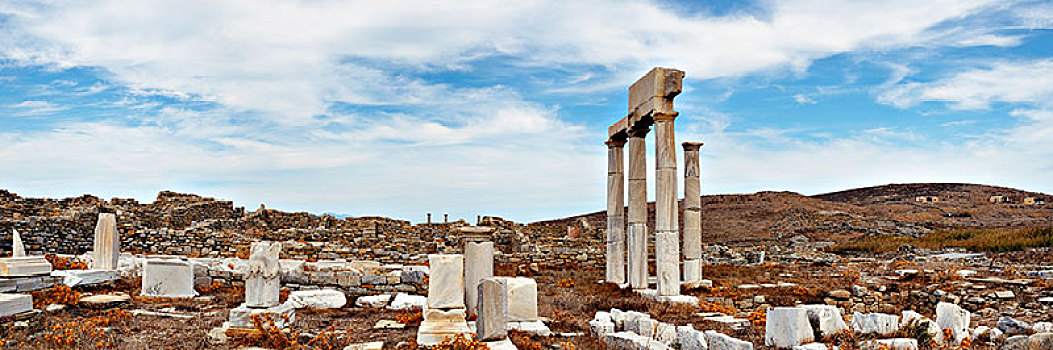 柱子,历史,遗址,全景,得洛斯,岛屿,靠近,米克诺斯,希腊