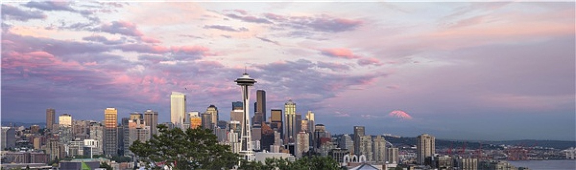 西雅图,城市,市区,天际线,日落,全景