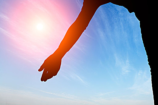 攀登者,山手,伸手,概念,黄昏手拉手,背景攀登,洞穴,天花板两个,男性