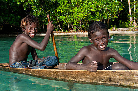 男孩,独木舟,泻湖,所罗门群岛,大洋洲