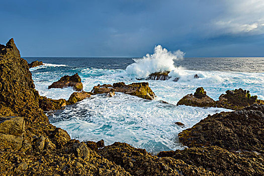 火山岩,岩石海岸,日出,波浪,特内里费岛,加纳利群岛,西班牙