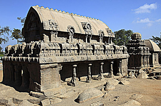 印度,泰米尔纳德邦,马哈拉里普林,马哈巴利普兰,五个,石头,庙宇