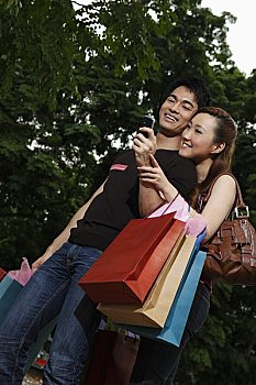 中国人,伴侣,购物,看,电话