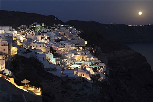 城镇,夜晚,锡拉岛,希腊