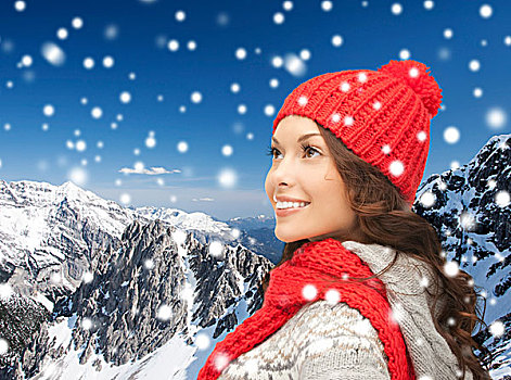 高兴,寒假,圣诞节,人,概念,微笑,少妇,红色,帽子,围巾,上方,雪山,背景