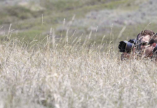 摄影师,蹲,高草,草原国家公园,萨斯喀彻温,加拿大